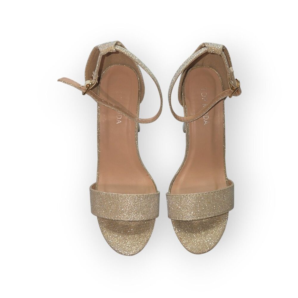 Top Moda Open Toe Platform Ankle Strap High Heels Size 7 Gold Glitter